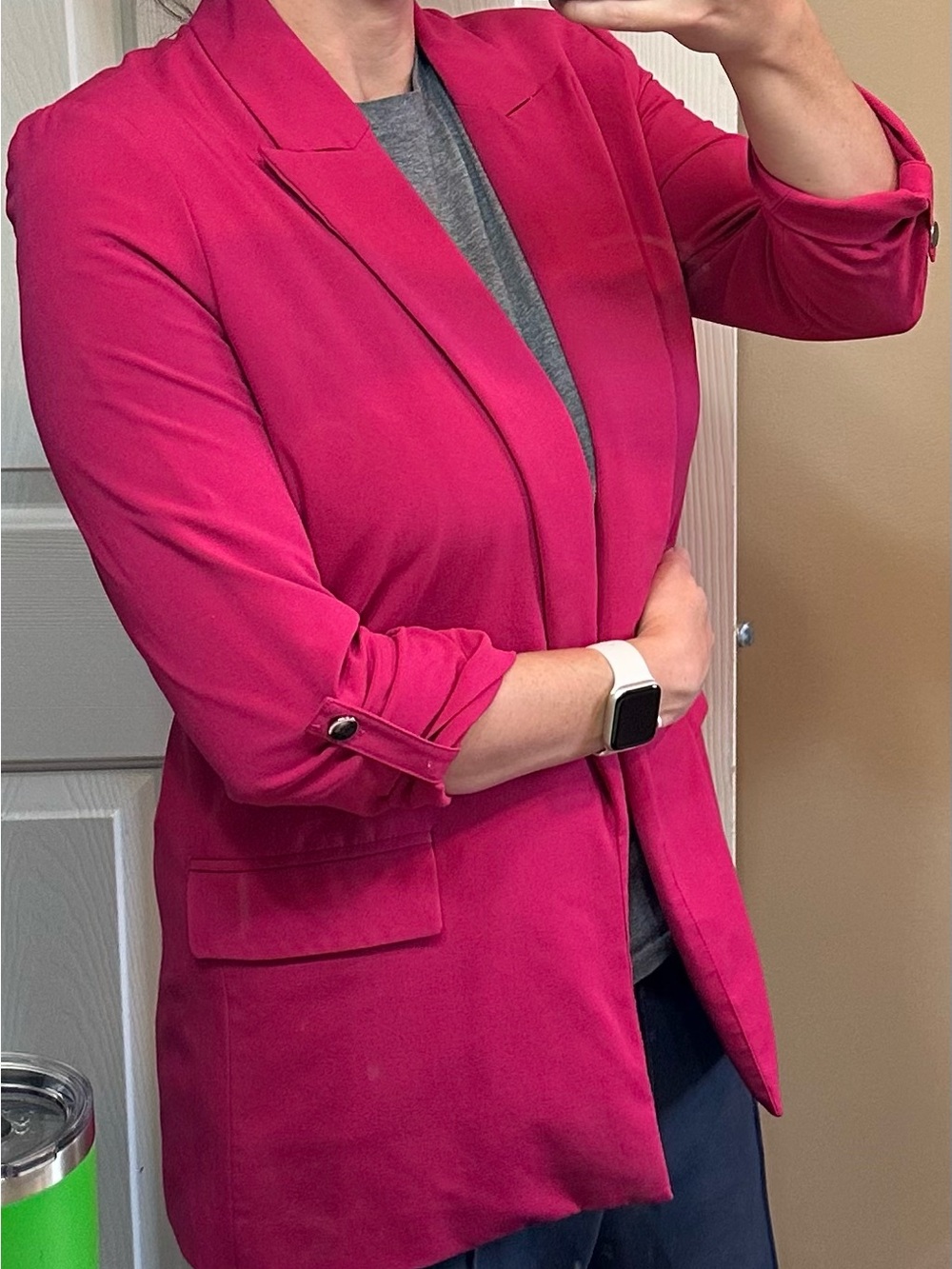 Women's Fuchsia Pink Open-Front Long Blazer Jacket Medium